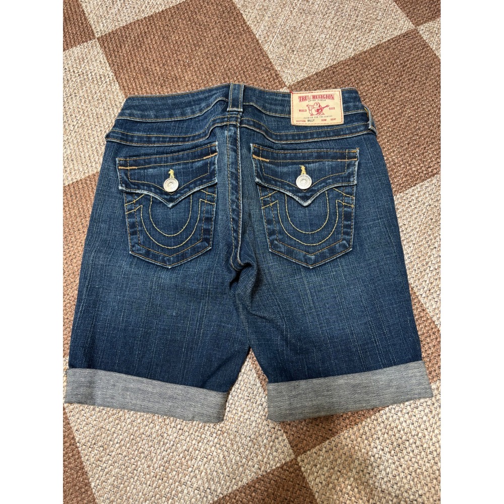 True Religion Billy Denim Shorts Womens 24 Dark Wash Cuffed Low Rise Y2K USA